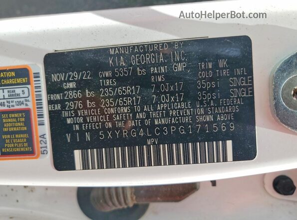 5XYRG4LC3PG171569 2023 KIA SORENTO Белый Вид наклейки с VIN-кодом