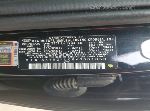 5XYRG4LC6MG001850 2021 KIA SORENTO Черный Вид наклейки с VIN-кодом