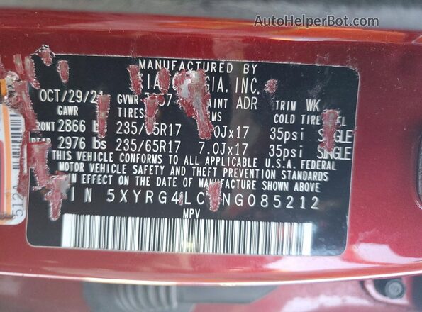 5XYRG4LC7NG085212 2022 KIA SORENTO Red Widok naklejki z numerem VIN