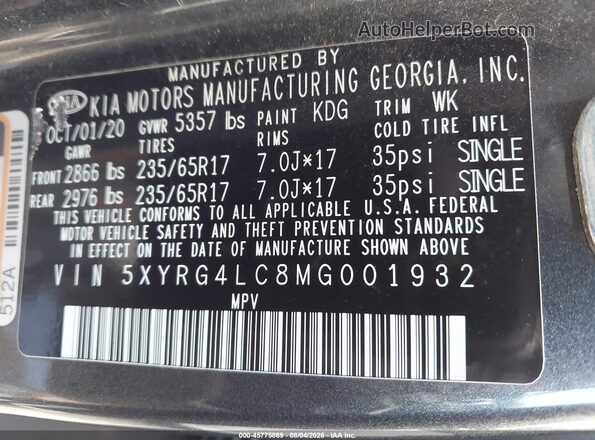 5XYRG4LC8MG001932 2021 KIA SORENTO Gray ძრავის განყოფილების ხედი
