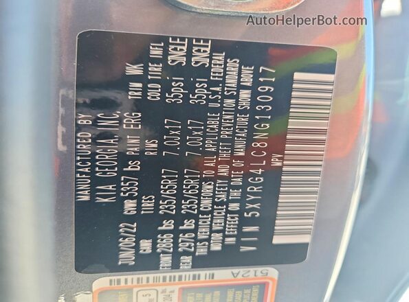 5XYRG4LC8NG130917 2022 KIA SORENTO Silver Vista de la etiqueta del VIN