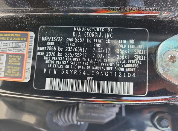 5XYRG4LC9NG112104 2022 KIA SORENTO Черный Вид наклейки с VIN-кодом