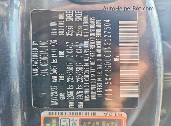 5XYRGDLC1NG127504 2022 KIA SORENTO Charcoal VIN sticker view