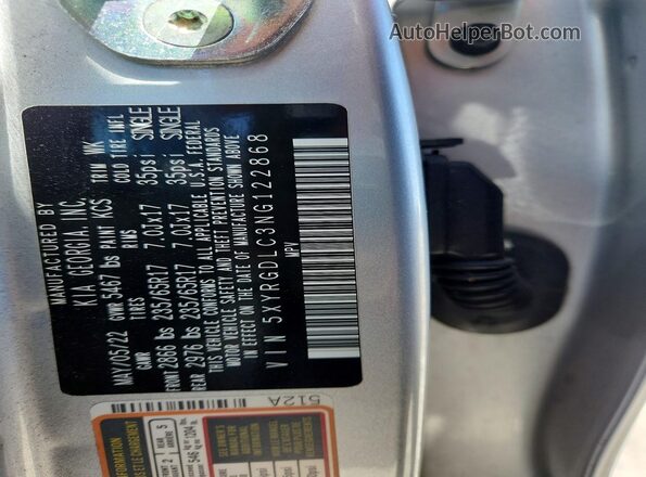 5XYRGDLC3NG122868 2022 KIA SORENTO Silver VIN კოდის სტიკერის ხედი