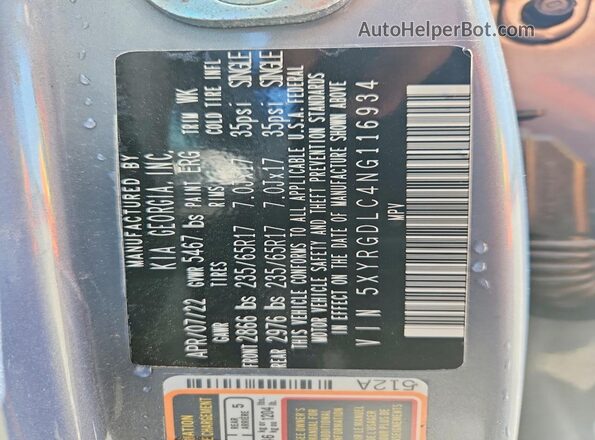 5XYRGDLC4NG116934 2022 KIA SORENTO Серебряный Вид наклейки с VIN-кодом