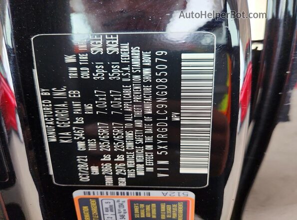 5XYRGDLC9NG085079 2022 KIA SORENTO Black Вид наклейки з VIN-кодом