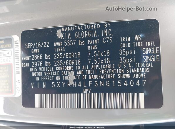5XYRH4LF3NG154047 2022 KIA SORENTO Gray ძრავის განყოფილების ხედი