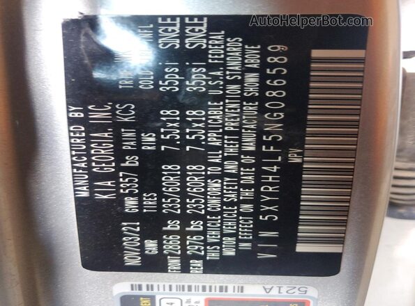 5XYRH4LF5NG086589 2022 KIA SORENTO Silver VIN կոդի պիտակի տեսք