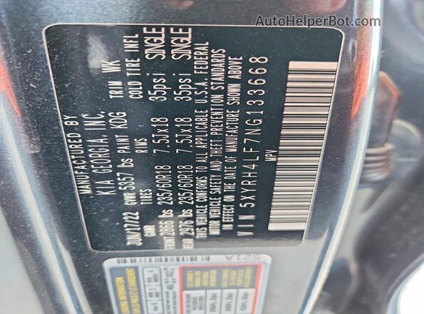 5XYRH4LF7NG133668 2022 KIA SORENTO Gray Widok naklejki z numerem VIN