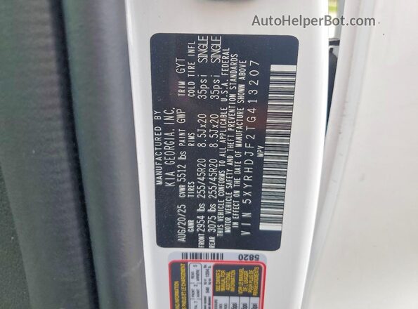 5XYRHDJF2TG413207 2026 KIA SORENTO White Вид наклейки з VIN-кодом