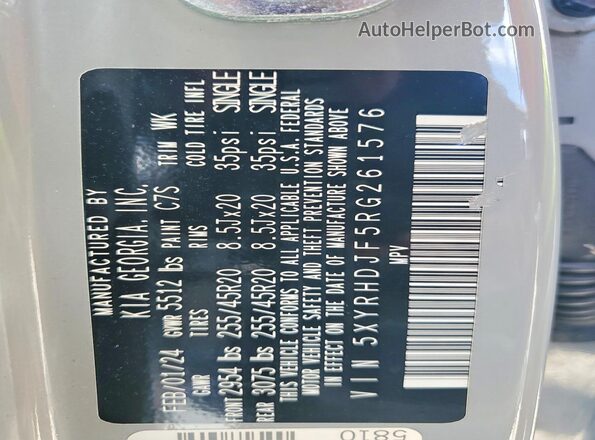 5XYRHDJF5RG261576 2024 KIA SORENTO Серый Вид наклейки с VIN-кодом