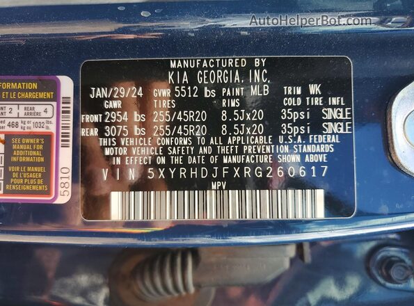 5XYRHDJFXRG260617 2024 KIA SORENTO Blue Widok naklejki z numerem VIN