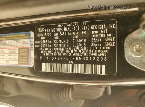 5XYRHDLF6MG013293 2021 KIA SORENTO Черный Вид наклейки с VIN-кодом