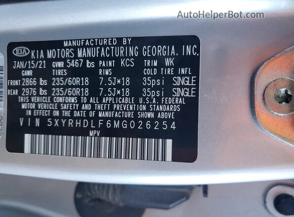 5XYRHDLF6MG026254 2021 KIA SORENTO Silver 360 interior view