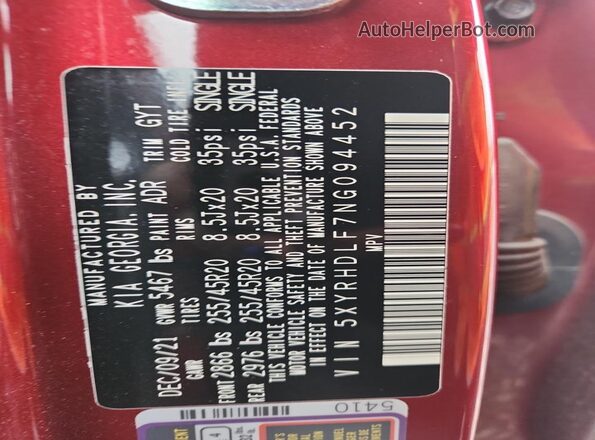 5XYRHDLF7NG094452 2022 KIA SORENTO Red Widok naklejki z numerem VIN