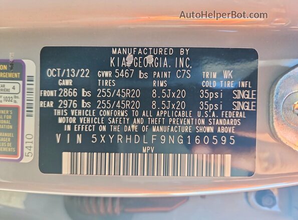 5XYRHDLF9NG160595 2022 KIA SORENTO Gray Vista interior de 360 grados