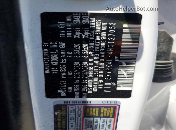 5XYRK4LF4NG127053 2022 KIA SORENTO White Вид наклейки з VIN-кодом