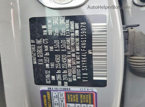 5XYRK4LF4NG159078 2022 KIA SORENTO Gray VIN կոդի պիտակի տեսք