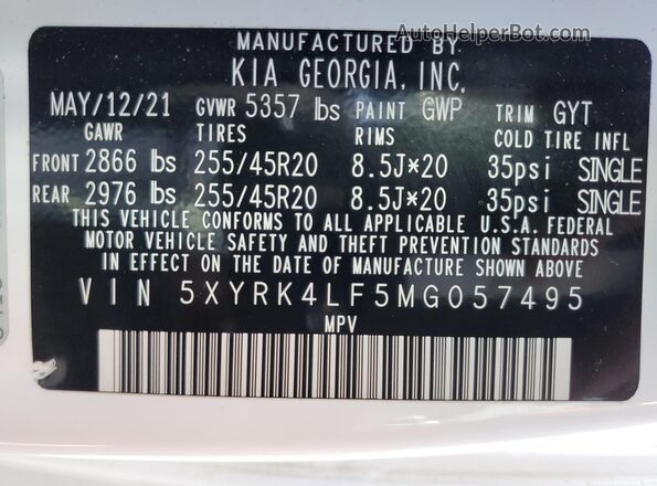5XYRK4LF5MG057495 2021 KIA SORENTO White Widok naklejki z numerem VIN