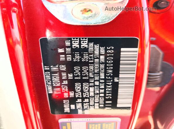 5XYRK4LF5MG060185 2021 KIA SORENTO Red Вид наклейки з VIN-кодом