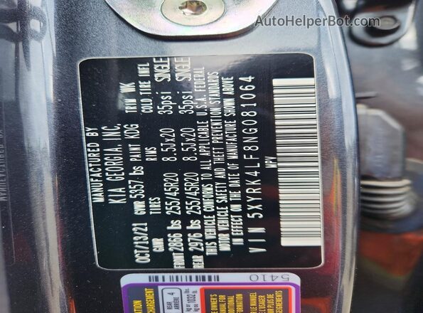 5XYRK4LF8NG081064 2022 KIA SORENTO Charcoal VIN კოდის სტიკერის ხედი
