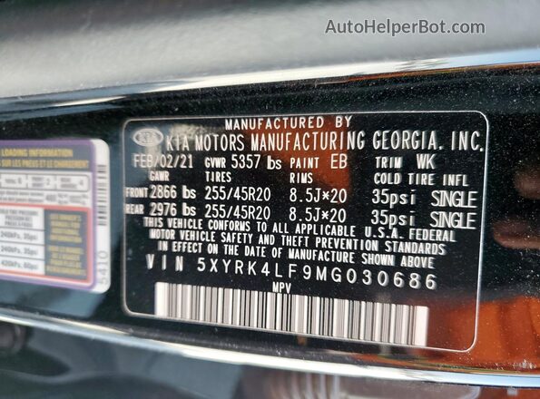 5XYRK4LF9MG030686 2021 KIA SORENTO Black Widok naklejki z numerem VIN