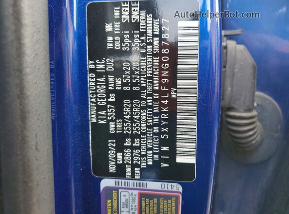 5XYRK4LF9NG087827 2022 KIA SORENTO Blue Vista de la etiqueta del VIN