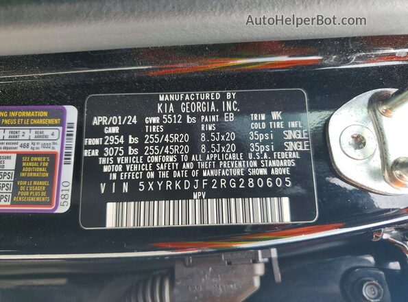 5XYRKDJF2RG280605 2024 KIA SORENTO Black VIN კოდის სტიკერის ხედი