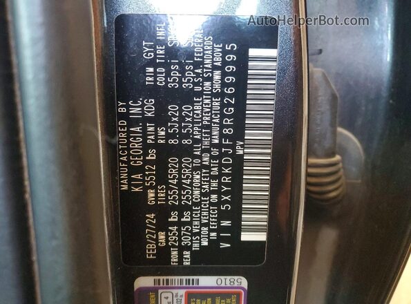 5XYRKDJF8RG269995 2024 KIA SORENTO Charcoal Vista de la etiqueta del VIN