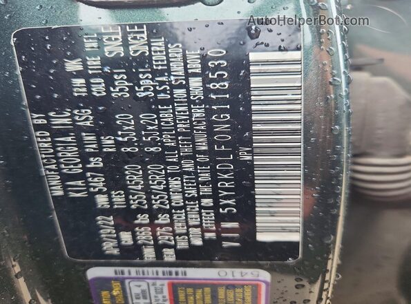 5XYRKDLF0NG118530 2022 KIA SORENTO Зеленый Вид наклейки с VIN-кодом