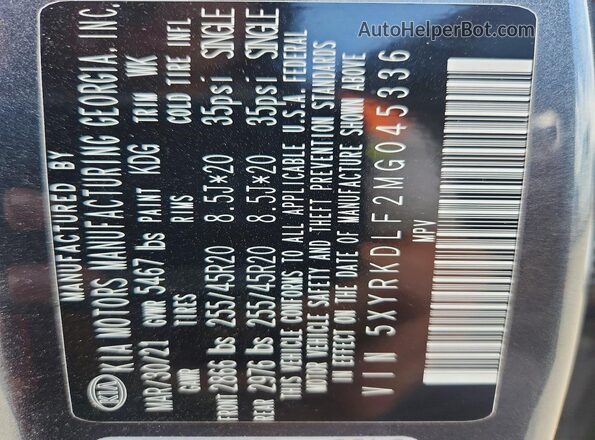 5XYRKDLF2MG045336 2021 KIA SORENTO Gray Widok wnętrza 360 stopni