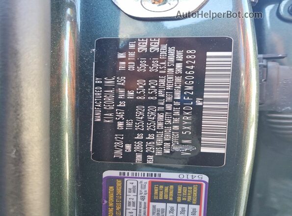 5XYRKDLF2MG064288 2021 KIA SORENTO Зеленый Вид наклейки с VIN-кодом