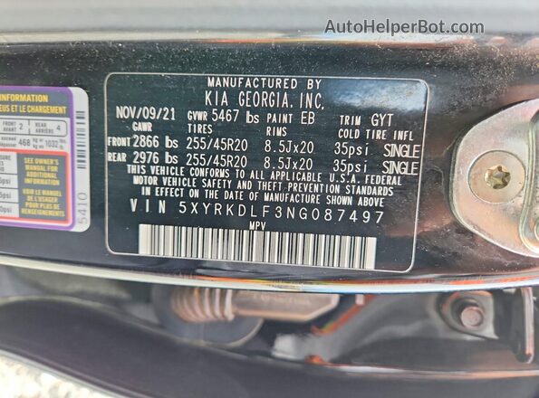 5XYRKDLF3NG087497 2022 KIA SORENTO Black Widok wnętrza 360 stopni