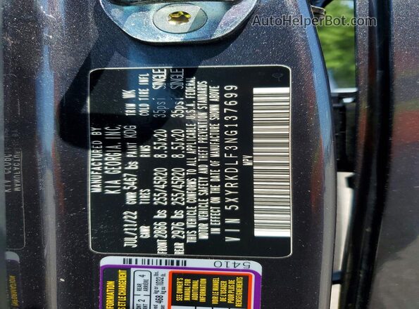 5XYRKDLF3NG137699 2022 KIA SORENTO Gray VIN կոդի պիտակի տեսք