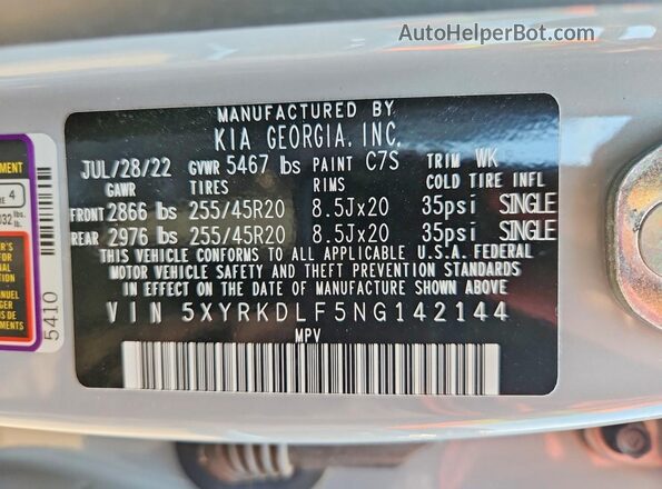 5XYRKDLF5NG142144 2022 KIA SORENTO Gray Vista de la etiqueta del VIN