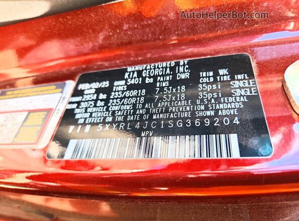 5XYRL4JC1SG369204 2025 KIA SORENTO Red VIN sticker view