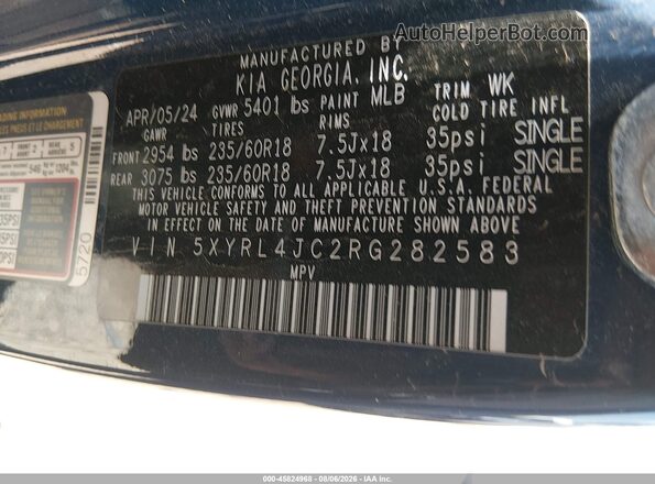 5XYRL4JC2RG282583 2024 KIA SORENTO Blue Շարժիչի բաժամունքի տեսք