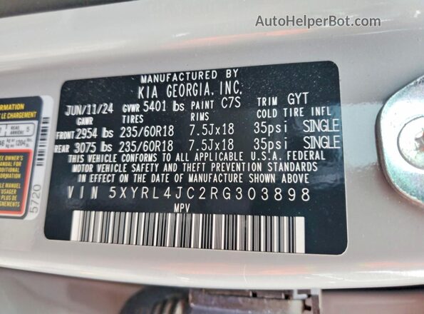 5XYRL4JC2RG303898 2024 KIA SORENTO Gray Vista interior de 360 grados