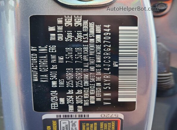 5XYRL4JC3RG270944 2024 KIA SORENTO Gray VIN կոդի պիտակի տեսք