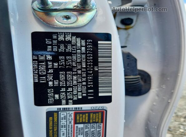 5XYRL4JC3SG373979 2025 KIA SORENTO Белый Вид наклейки с VIN-кодом