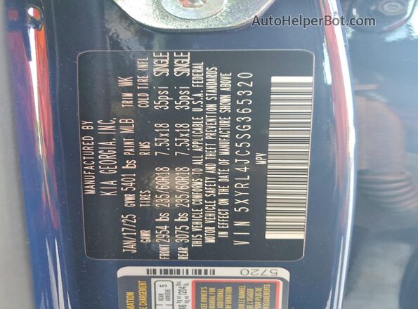 5XYRL4JC5SG365320 2025 KIA SORENTO Blue VIN կոդի պիտակի տեսք
