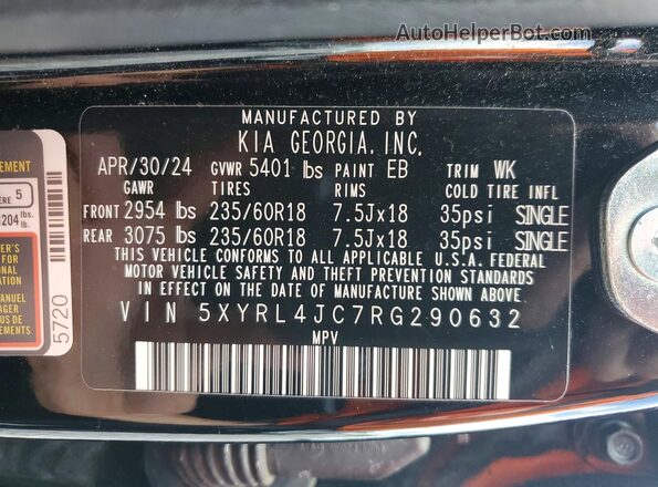 5XYRL4JC7RG290632 2024 KIA SORENTO Black Widok naklejki z numerem VIN