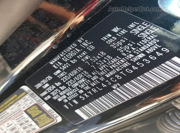 5XYRL4JC8TG453649 2026 KIA SORENTO Black VIN կոդի պիտակի տեսք