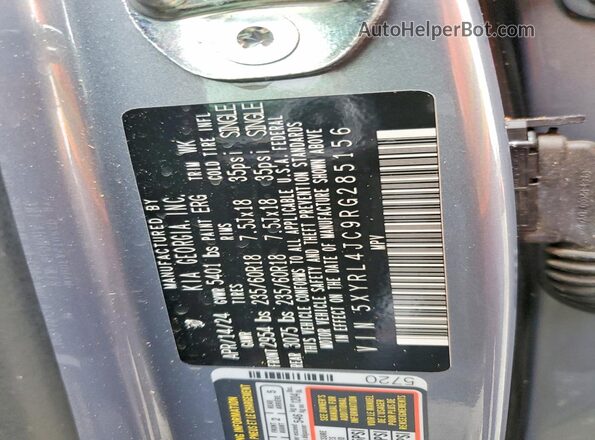 5XYRL4JC9RG285156 2024 KIA SORENTO Gray Widok naklejki z numerem VIN