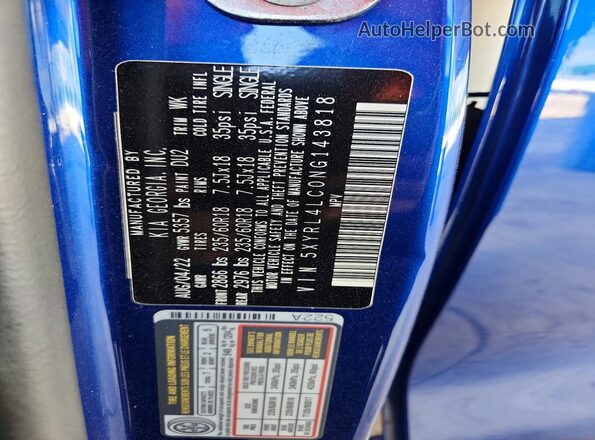 5XYRL4LC0NG143818 2022 KIA SORENTO Blue VIN კოდის სტიკერის ხედი