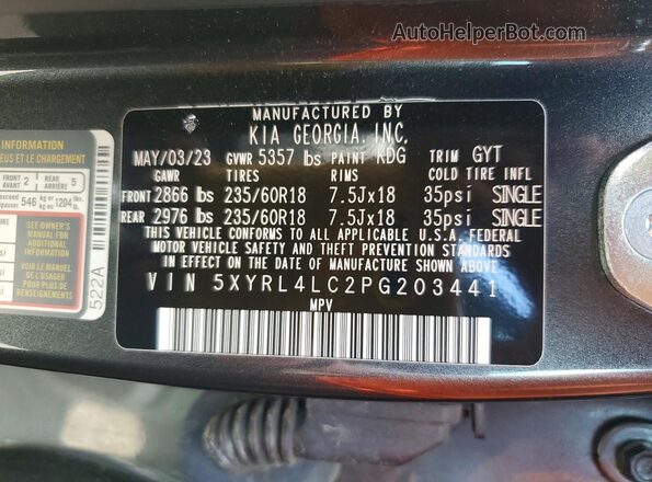 5XYRL4LC2PG203441 2023 KIA SORENTO Gray Widok wnętrza 360 stopni