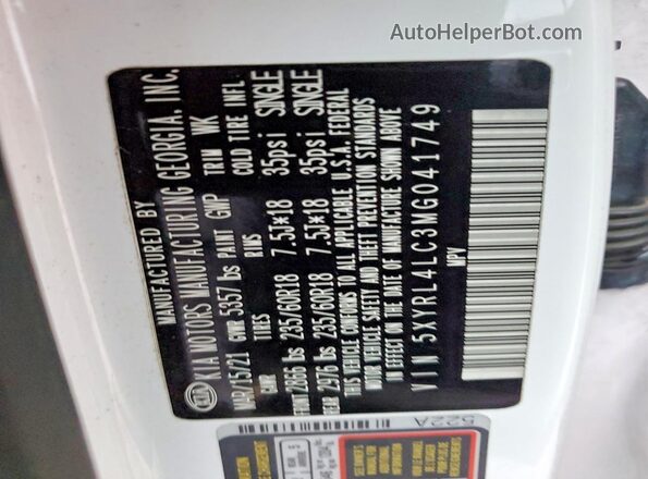 5XYRL4LC3MG041749 2021 KIA SORENTO White VIN կոդի պիտակի տեսք