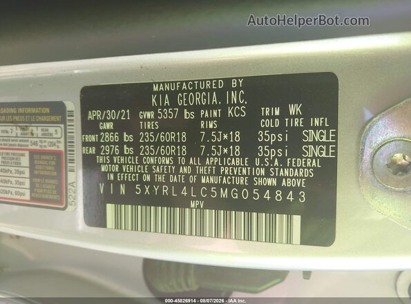 5XYRL4LC5MG054843 2021 KIA SORENTO Серебряный Вид подкапотного пространства