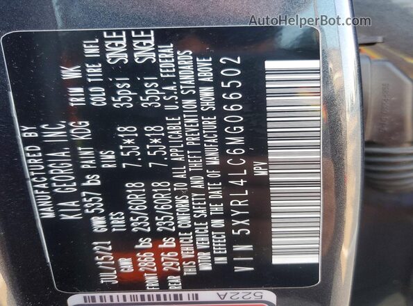 5XYRL4LC6MG066502 2021 KIA SORENTO Gray VIN կոդի պիտակի տեսք