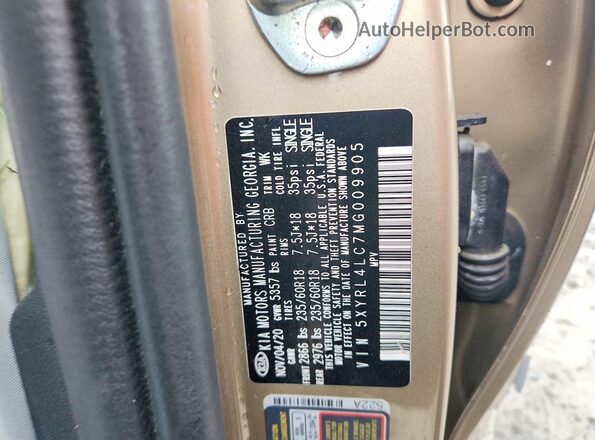 5XYRL4LC7MG009905 2021 KIA SORENTO Gold VIN sticker view
